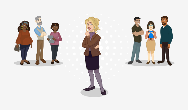 A confident, smiling woman stands in the front center with groups of happy people behind her on either side.