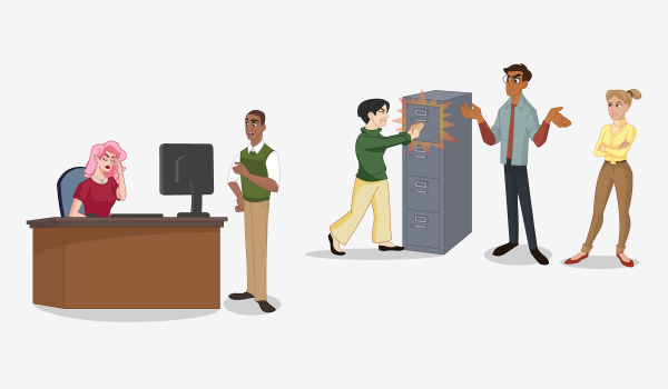 Various people in an office argue and slam file drawers. 