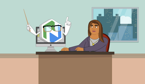 A woman types on a computer. Niche Buddy is coming out of the screen holding a pointer and wearing glasses.