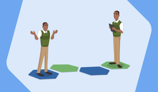 A man shrugs in confusion on the left side of the screen. Blue and green tiles lead to the same man confidently holding a clipboard