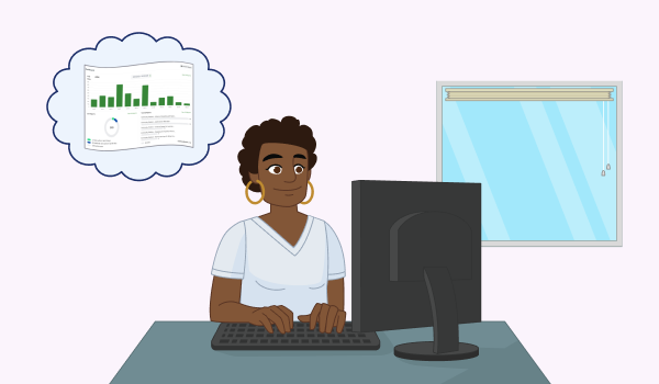 A person reviews training analytics on a laptop while thinking about their learners.
