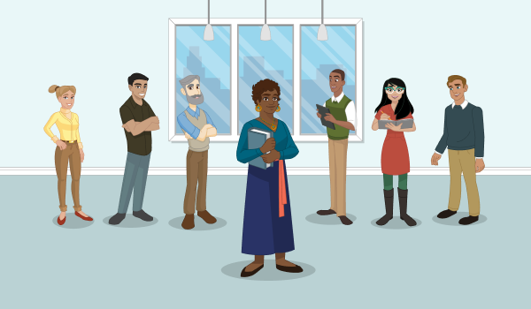 A group of diverse professionals, smiling at the camera.