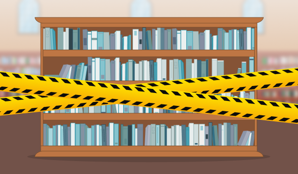Library bookshelves criss-crossed with caution tape.