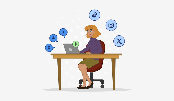 A young woman sitting at a desk typing on a laptop. She's surrounded with social media icons for TikTok, Instagram, and X as well as a bell and three images of people.