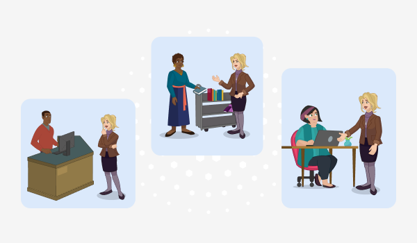Three scenes of the same staff person being trained. In the first, she is talking to someone at a service desk. In the second, she is talking to someone pushing a book cart. In the third, she is talking to someone typing on a laptop.