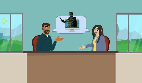 A man and woman talk at a desk. Between them is a talk bubble showing a human figure covered in zeros and ones coming out of a computer screen. 