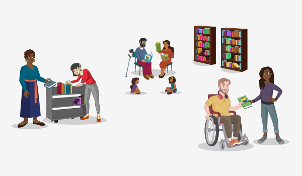 A diverse group of people reading, telling stories, and sharing books in a library. 