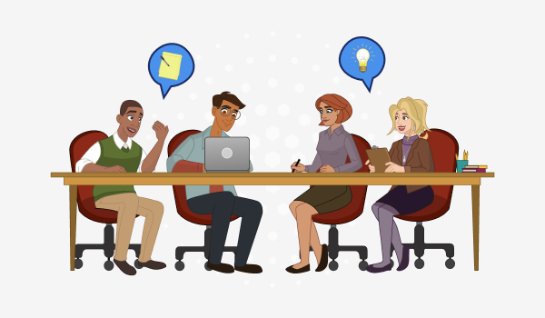Two men and two women sit at a table and talk animatedly. Above the man on the left is a talk bubble with a pad and pen in it. Above the woman on the right is a talk bubble with a lightbulb in it.    