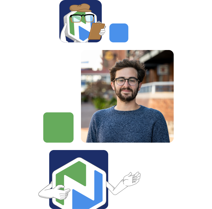 Tiles of Niche Buddy and a man with a beard and glasses