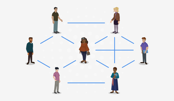 A network of diverse people connected to each other by blue lines linking one to the other. 