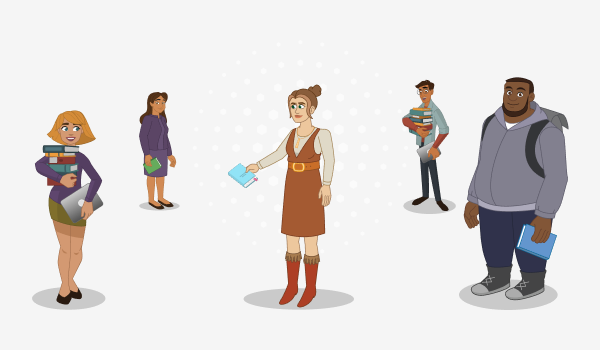 A smiling librarian hands a book to a young woman holding a stack of books. They are surrounded by three other happy people holding books and laptops.