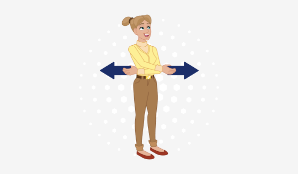 A smiling woman stands in the center of the screen holding two arrows pointing in opposite directions. 