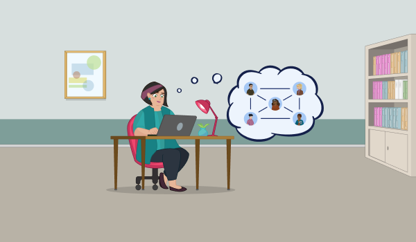 A woman types on a laptop. A thought bubble next to her shows five other people with lines linking them together. 
