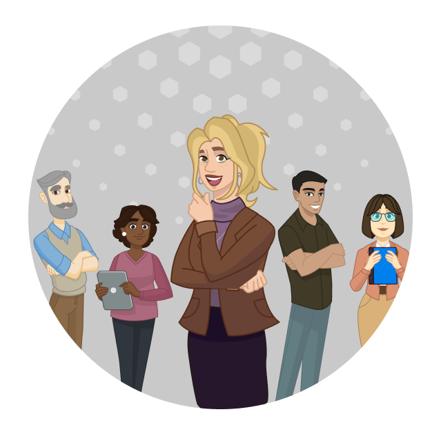 A confident, smiling woman stands in the front center with groups of happy people behind her on either side.