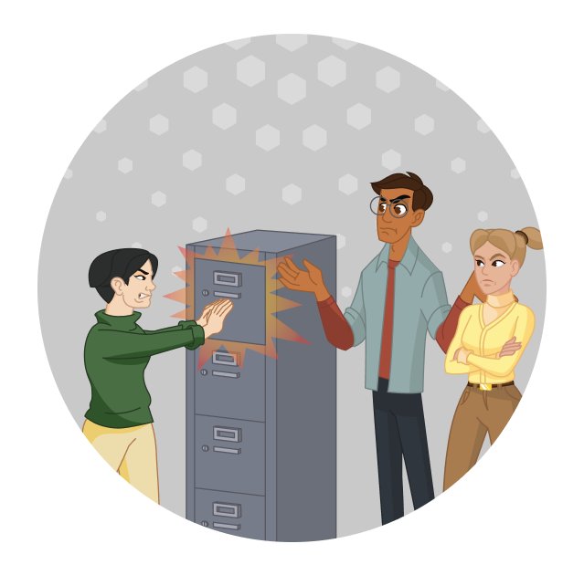 Various people in an office argue and slam file drawers. 