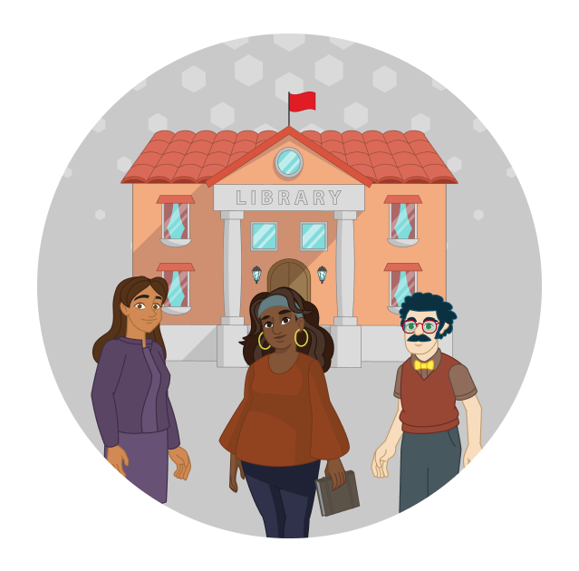 A smiling library director holds a book. Behind her is a diverse group of library trustees. 