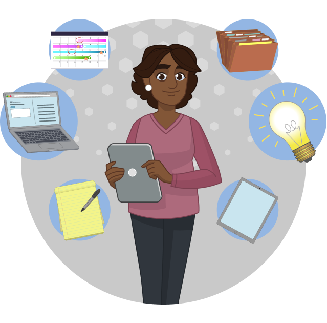  A woman holding a laptop. She is surrounded by bubbles showing files, a lightbulb, a tablet, a legal pad, an open laptop, and a calendar.