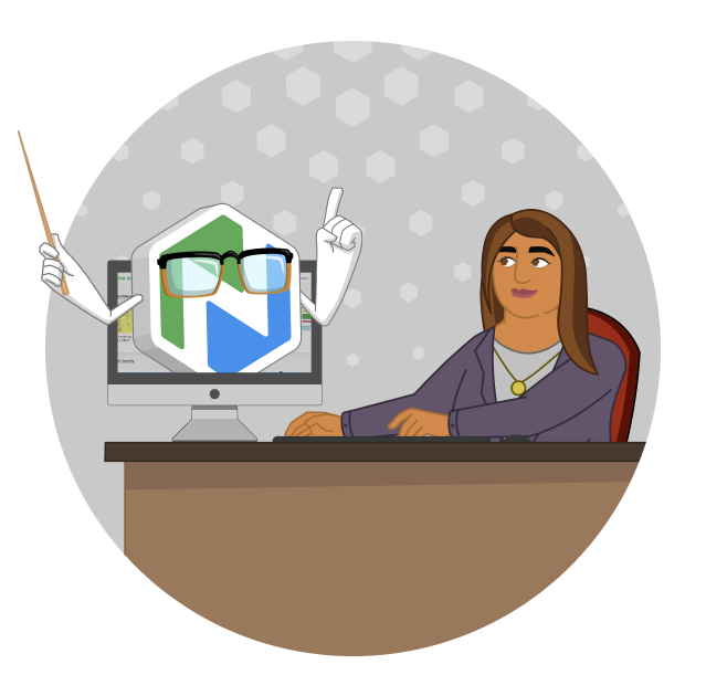 A woman types on a computer. Niche Buddy is coming out of the screen holding a pointer and wearing glasses.