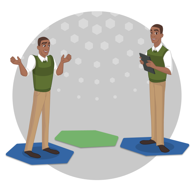 A man shrugs in confusion on the left side of the screen. Blue and green tiles lead to the same man confidently holding a clipboard