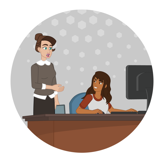 A librarian helps a patron working at a computer.