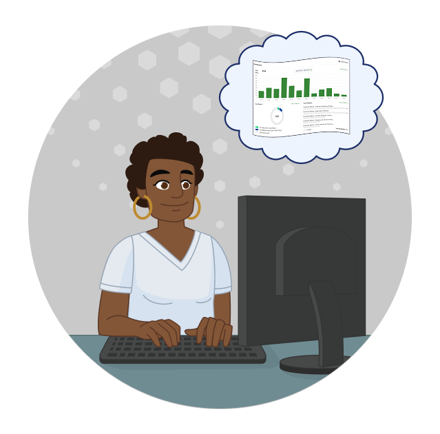 A person reviews training analytics on a laptop while thinking about their learners.