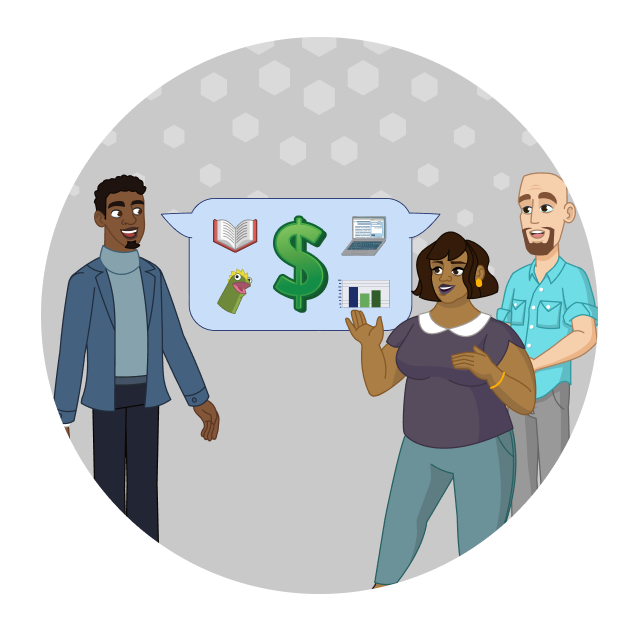 A librarian talks to two patrons. In the talk bubble between them there is a dollar sign surrounded by a book, computer, spreadsheet, and sock puppet.