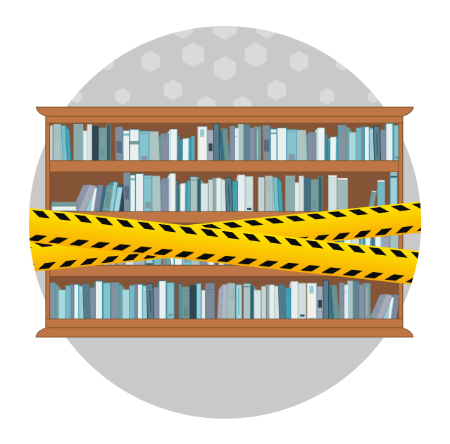 Library bookshelves criss-crossed with caution tape.