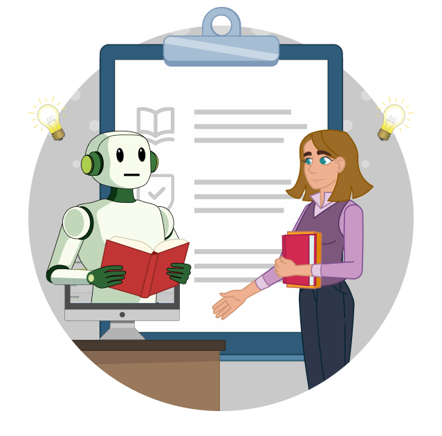 A woman stands on the right, talking to a robot coming out of a computer on the left. Both hold books. A checklist is between them.