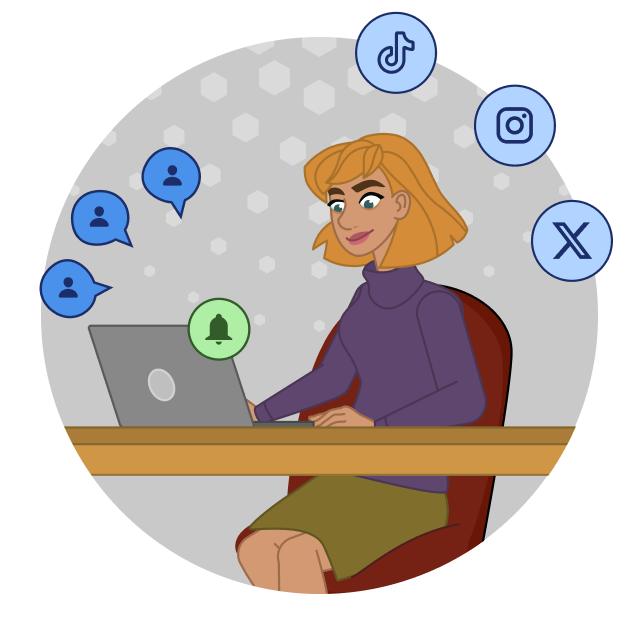 A young woman sitting at a desk typing on a laptop. She's surrounded with social media icons for TikTok, Instagram, and X as well as a bell and three images of people.