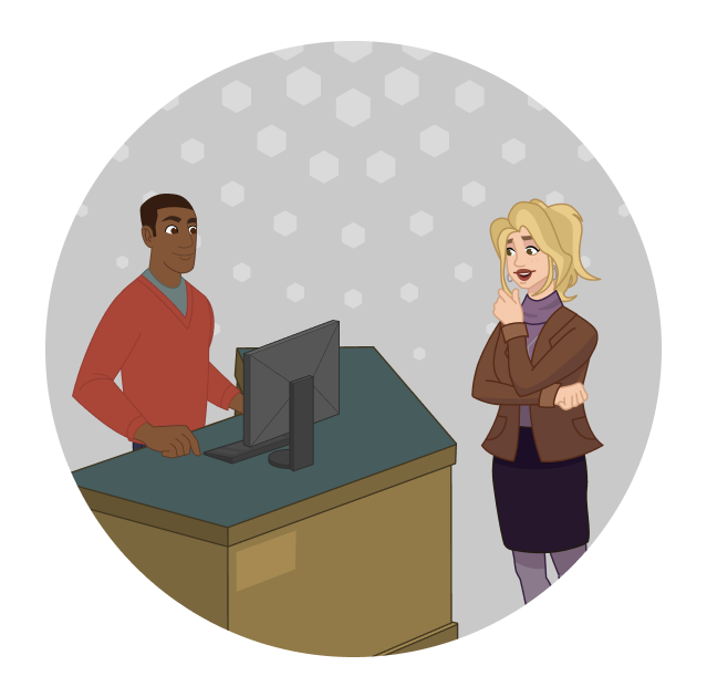 A woman talks to a man at a service desk.