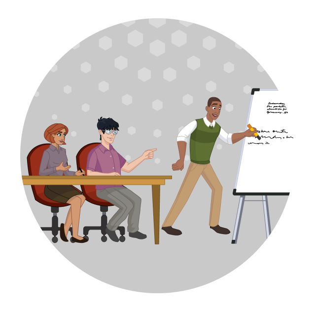 Two people sit at a table while their coworker stands and writes on a whiteboard