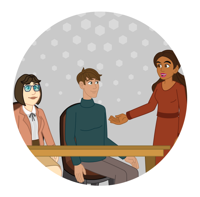 A nonprofit trainer talks to two employees. 