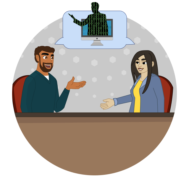 A man and woman talk at a desk. Between them is a talk bubble showing a human figure covered in zeros and ones coming out of a computer screen. 