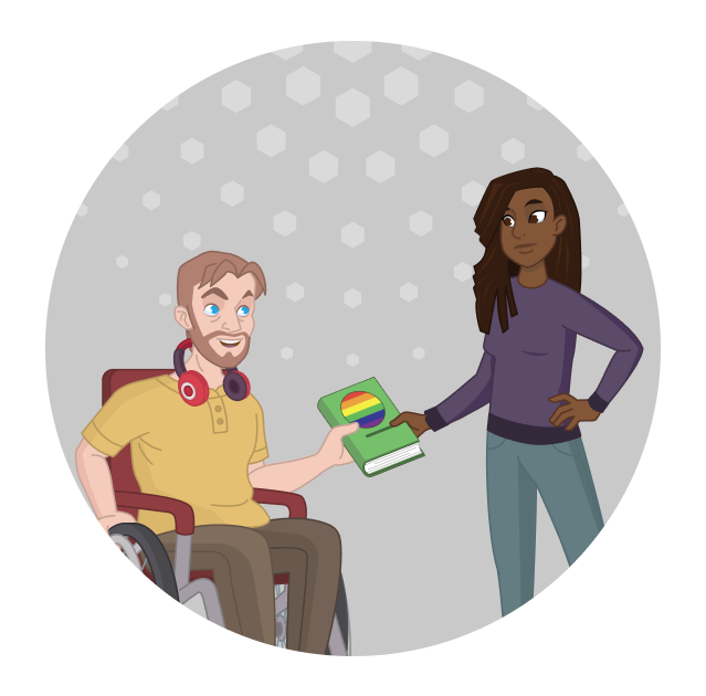 A man in a wheelchair hands a book to a smiling woman