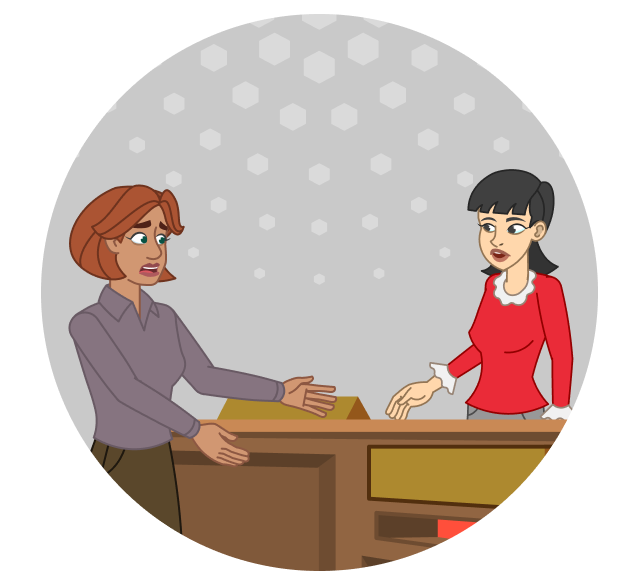 A librarian helps an upset woman at the reference desk. 