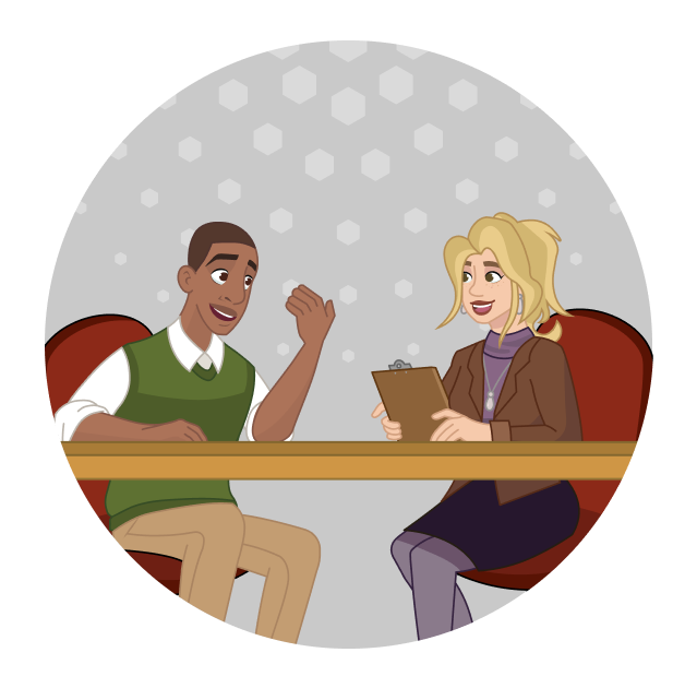 A man and a woman talking animatedly at a table