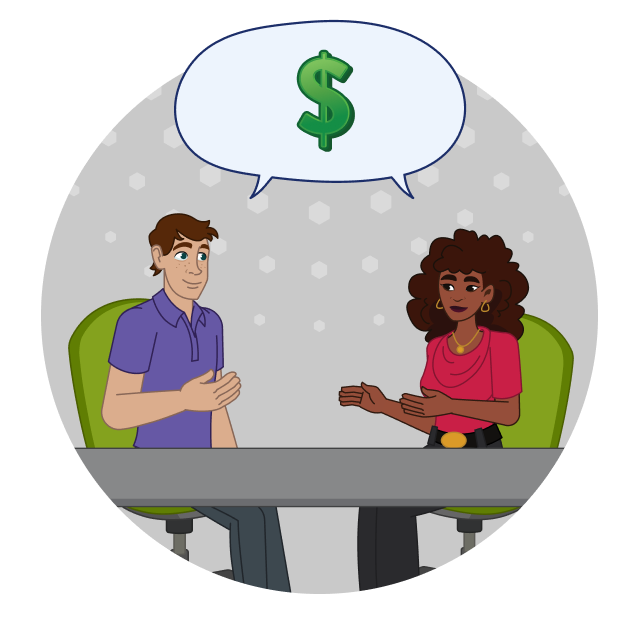 A man and a woman talk at a table. Between them is a talk bubble with a dollar sign in it.