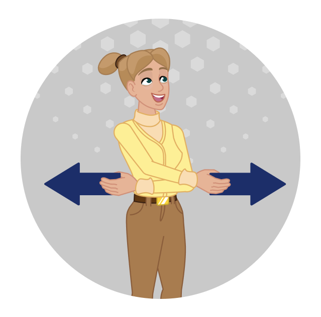 A smiling woman stands in the center of the screen holding two arrows pointing in opposite directions. 