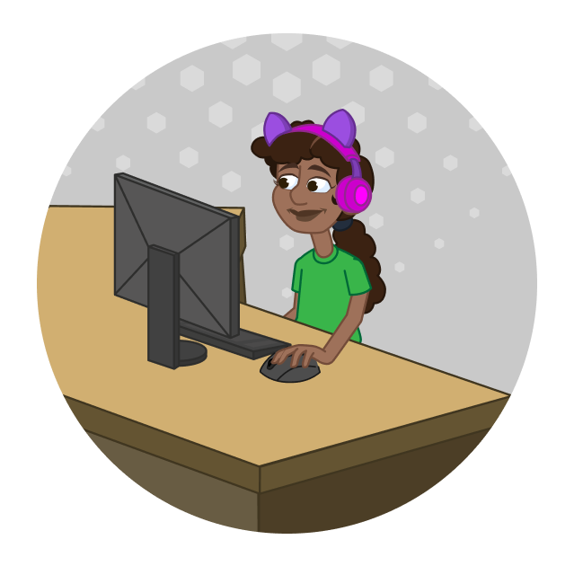 A young girl wearing cat-ear headphones types at a computer.