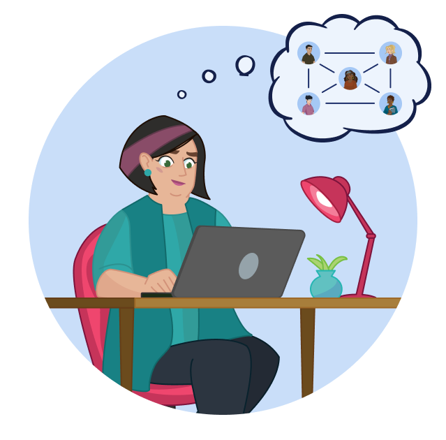 A woman types on a laptop. A thought bubble next to her shows five other people with lines linking them together. 
