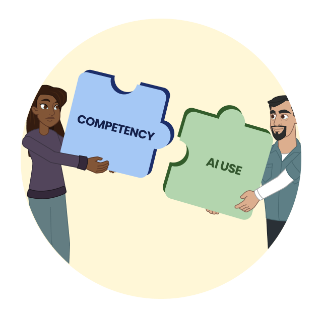 Two people hold large puzzle pieces. One says “Competency” and one says “AI Use”.