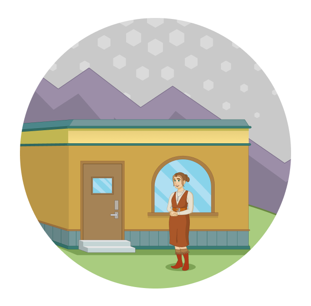 A librarian stands in front of a small library building