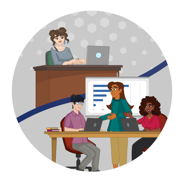 Two scenes separated by a blue line. In the upper left, a smiling woman sits at a desk alone taking training on her laptop. In the bottom right, a facilitator runs the same training in person with two other people sitting at a table. 