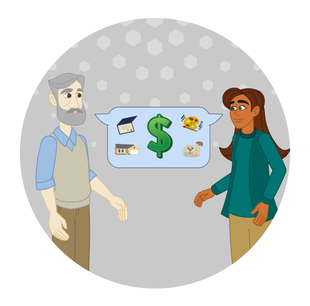 A man and a woman face each other. A talk bubble in the middle shows a dollar sign surrounded by a building, diploma, art palette and cat.