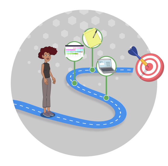 A woman stands on the left side of the screen, connected by a winding road to a bullseye on the right. In between, location points show a laptop, calendar, and legal pad and pen.