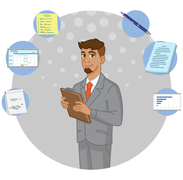 A man in a suit holds a clipboard. Around him, various bubbles show a notepad with writing, an online calendar, a post-it note, a pen, a stack of papers, and a bar graph.