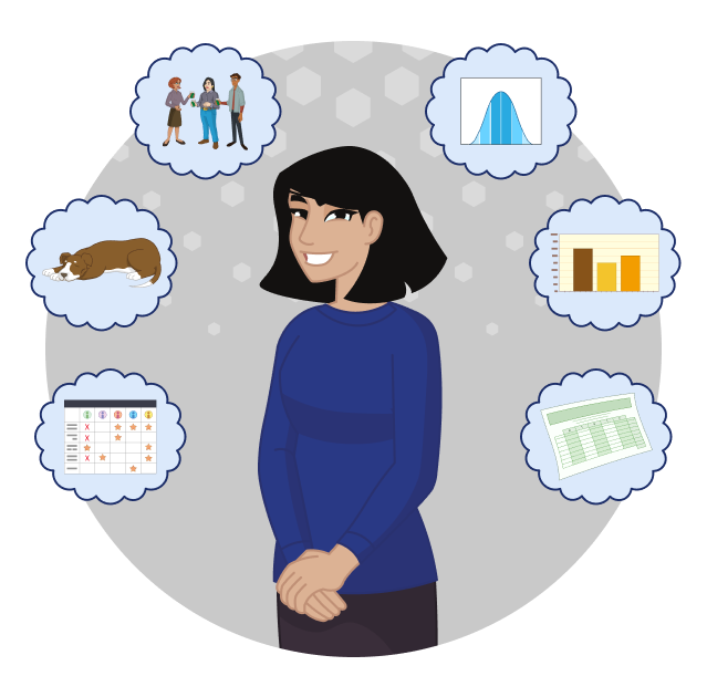 A smiling professional woman surrounded by bubbles containing a calendar, a sleeping dog, a group of people talking, a wave chart, a bar chart, and work log