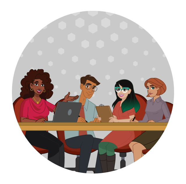 A diverse group of library workers sitting at a table and smiling at the camera.