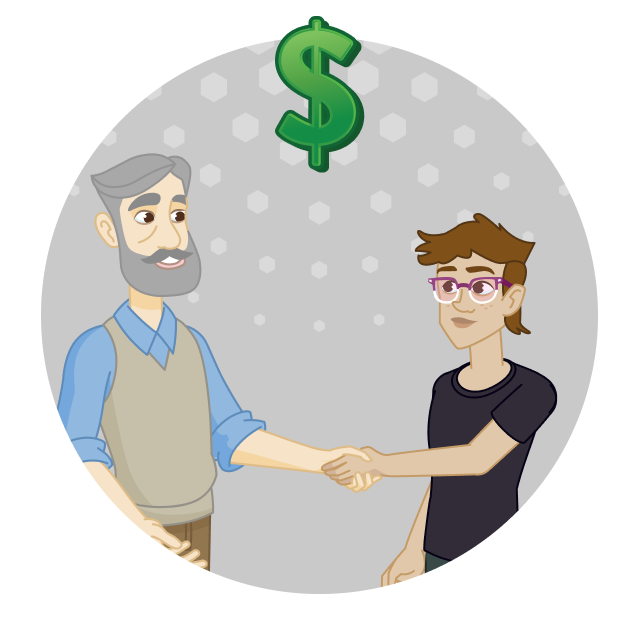 An older man shakes hands with a young adult. A dollar sign is between them. 