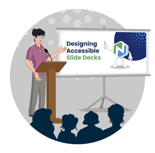 A presenter stands behind a podium pointing to a screen with Niche Buddy and the words "Designing Accessible Slide Decks"